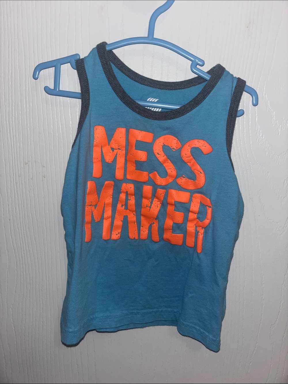 Blue Tank Top with Neon Orange 'MESS MAKER' Graphic